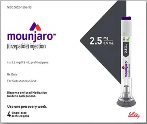 Mounjaro injection packaging with a pen and text on a white background