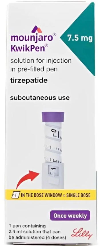 Mounjaro KwikPen packaging for injection solution with a pen device.