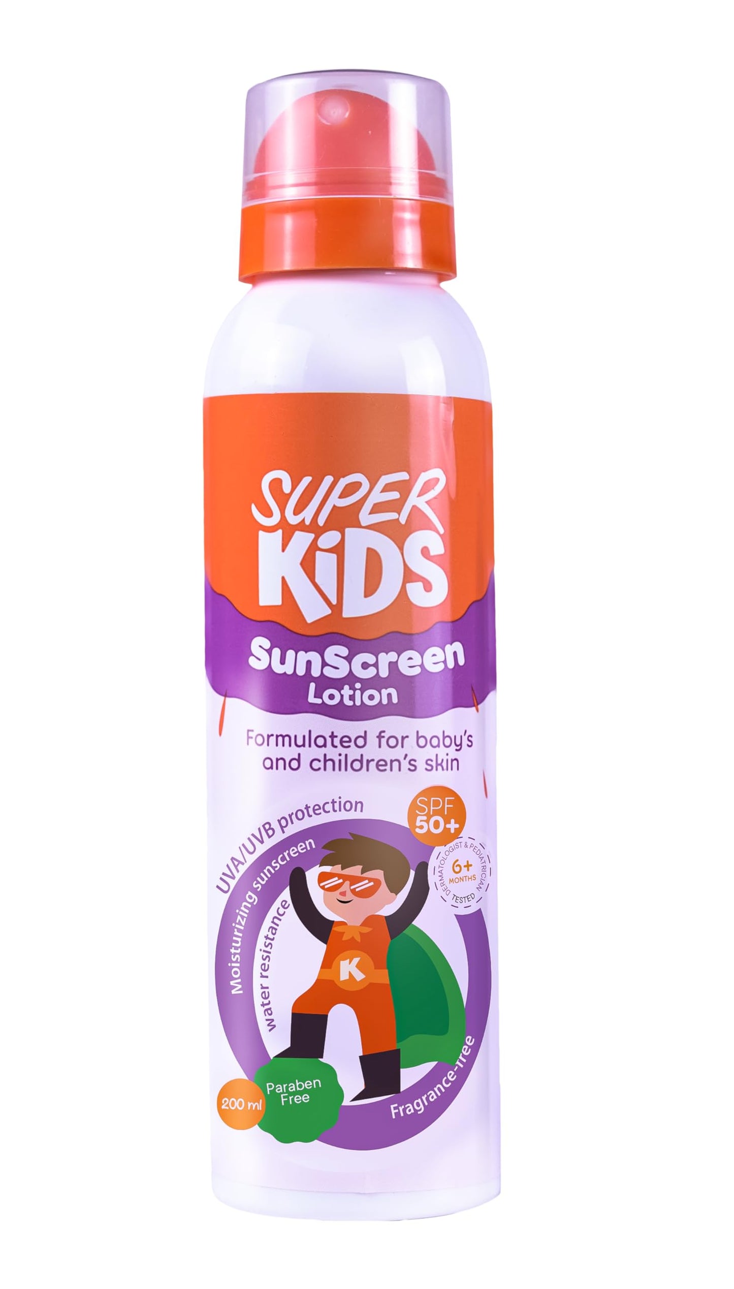 Super Kids sunscreen lotion bottle on a white background