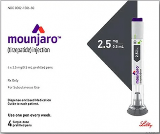 Mounjaro injection packaging with a pen and text on a white background