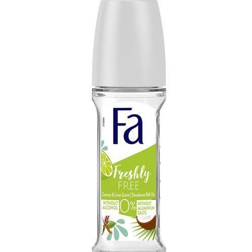 FA Freshly Free deodorant roll-on bottle on a white background