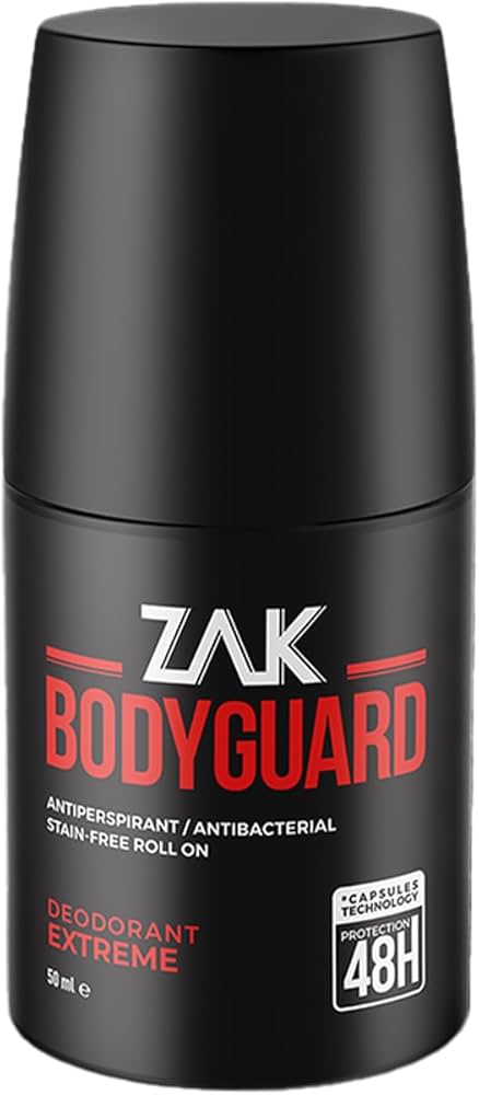 Black deodorant roll-on bottle labeled 'ZAK Bodyguard' on a white background