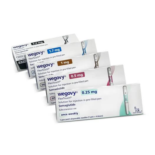 Packaging of Wegovy injection pens on a white background