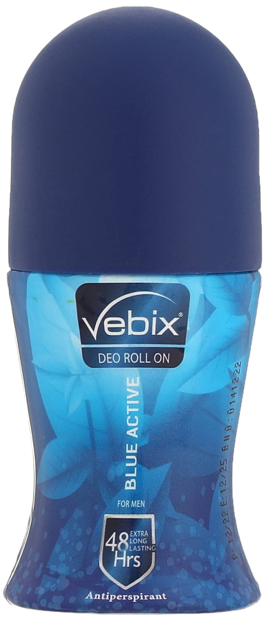 Vebix Blue Active deodorant roll-on bottle on a white background