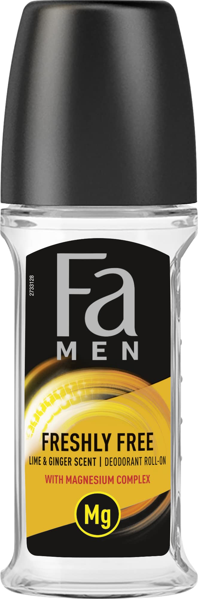 Fa Men Freshly Free deodorant roll-on with black cap and yellow label.