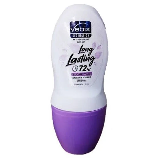 Vebix deodorant roll-on with white and purple design on a white background
