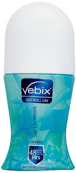 Vebix deodorant roll-on bottle with blue and white design